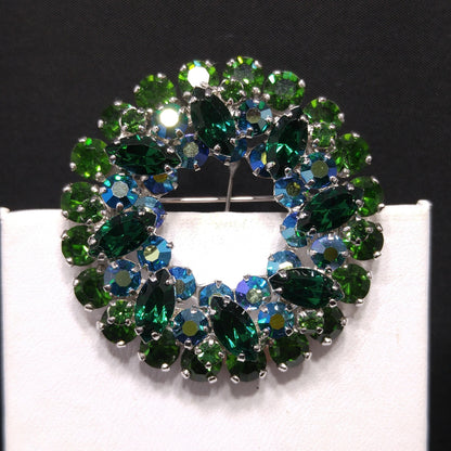 Sherman 1960s Emerald & Peacock Green Rhinestone Wreath Brooch | Aurora Borealis | Rhodium Plated Vintage Jewelry