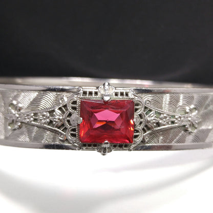 Emerald Cut Red Rhinestone Hinged Bracelet, Silver Tone, 1970s Vintage Jewelry