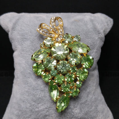 Vintage Weiss Peridot Green Rhinestone Brooch, Uranium Glass, Gold Plated, 1960s