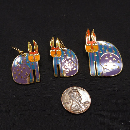 Laurel Burch "Rabbit For Ross" Brooch & Earring Set, Rainbow Enamel, Gold Plated, 1980s