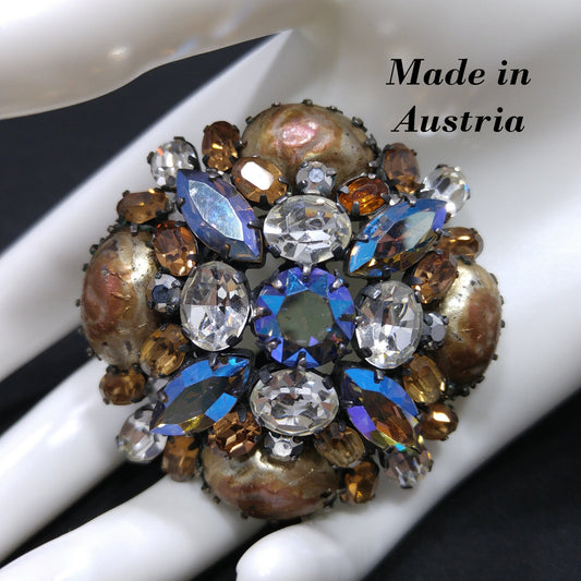Austrian Brooch, Topaz Clear Rhinestones, Faux Baroque Pearls, 1950s Vintage Jewelry