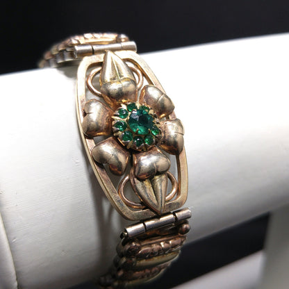 Antique Lustern Expansion Bracelet, 12KGF Sterling, Green Rhinestones, 1920s Vintage Jewelry