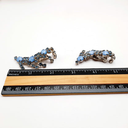 Vintage Blue Rhinestone Ear Climber Earrings Clip On Silver Tone Mid Century