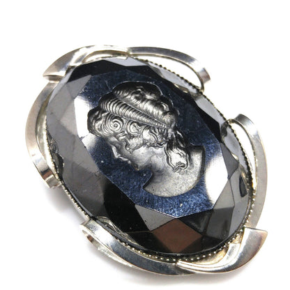 Black Glass Intaglio Cameo Brooch & Clip Earrings, 1960s Vintage Jewelry
