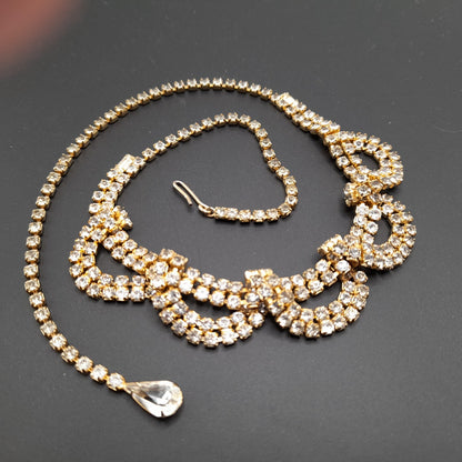 Vintage Looped Clear Rhinestone Necklace, Gold Tone, 1950s