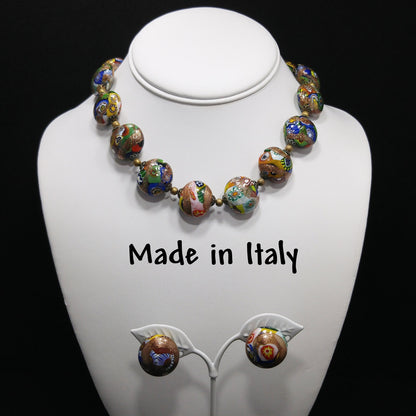 Italian Millefiori Venetian Glass Necklace & Earrings, Aventurine Glitter Beads