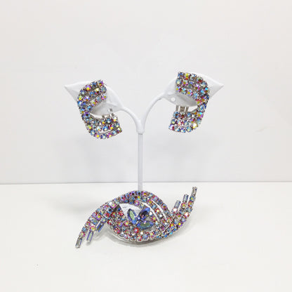 Swirl Aurora Borealis Rhinestone Brooch & Earrings, Rhodium Plated, 1960 Vintage