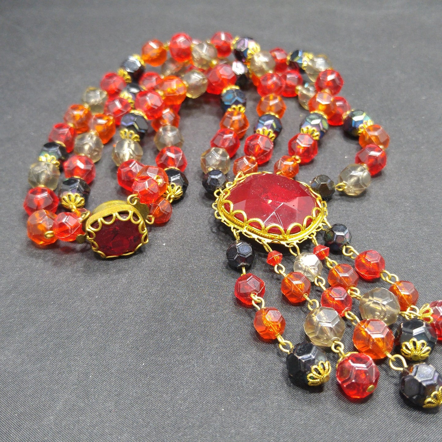 Western Germany Red Glass Pendant Necklace, Lucite Beads, 1950s Vintage Jewelry
