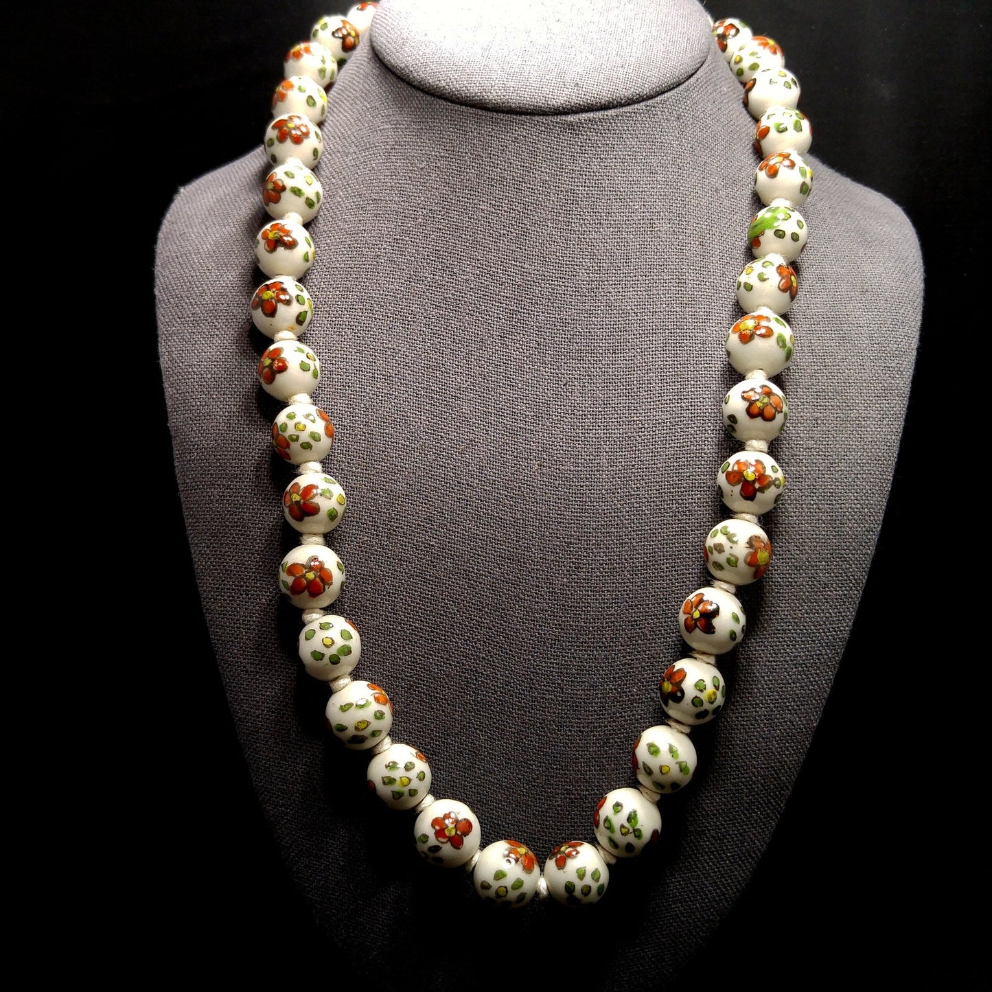 Vintage Ceramic Hand Painted Bead Necklace, Chinese Import, Hand-Knotted, 1960s