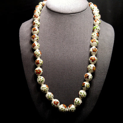 Vintage Ceramic Hand Painted Bead Necklace, Chinese Import, Hand-Knotted, 1960s