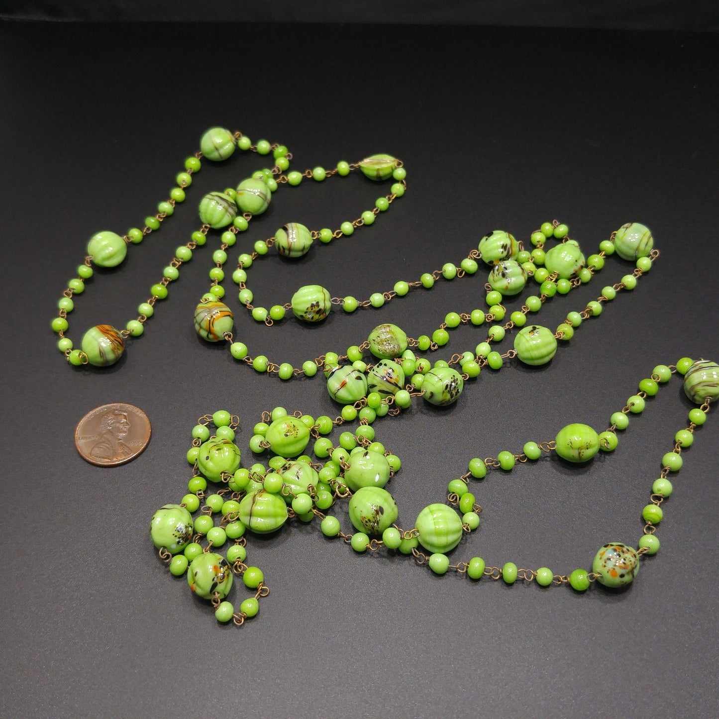 Art Deco 1920s Hand Painted Green Glass Bead Flapper Necklace 70" Wire Wrapped