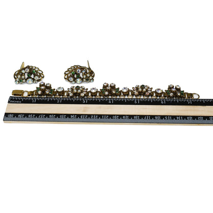 Florenza Rhinestone Bracelet & Earrings, Book Piece, Faux Pearls, 1960s Vintage Jewelry
