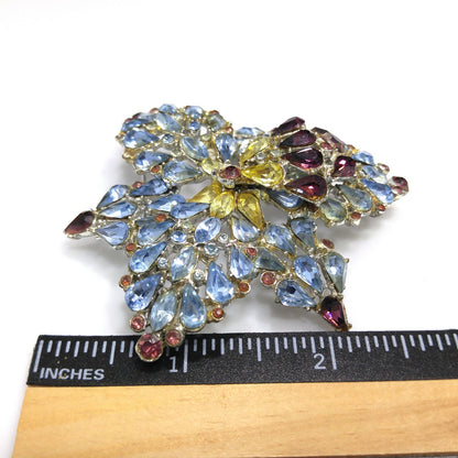 Mid Century Large Rhinestone Orchid Brooch, Light Blue Purple Rhinestones, 1960s Vintage Jewelry