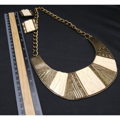 Laurel Burch Tribal Necklace & Clip Earrings, Lucite Gold Plate, 1980s Vintage Jewelry