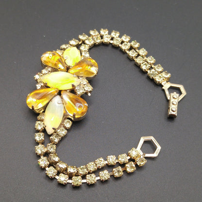 Topaz Opalescent Rhinestone Bracelet, Gold Plated, 1960s Vintage Jewelry