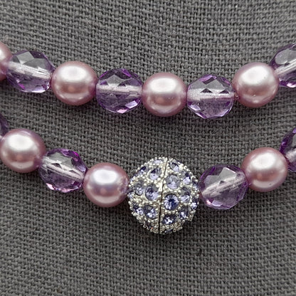 Vintage Joan Rivers Lavender Glass Pearls Crystal Beaded Necklace, Rhinestone Screw Clasp