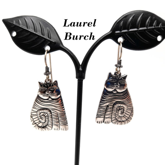Laurel Burch Shambala Cat Earrings, Rhodium Plated, 1980s Vintage Jewelry