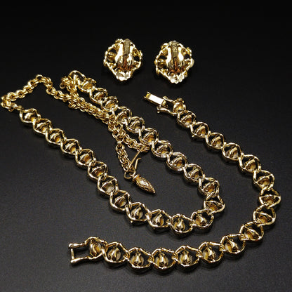 Aurora Borealis Rhinestone Necklace Bracelet & Earrings, Gold Plated, 1960s Vintage Jewelry
