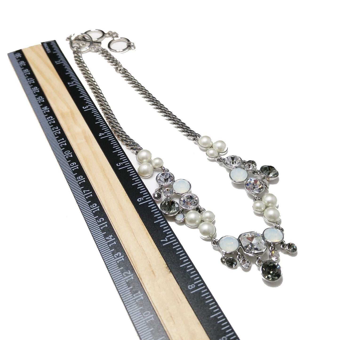 Vintage Givenchy Faux Pearl Rhinestone Necklace, Rhodium Plated, 1990s Jewelry