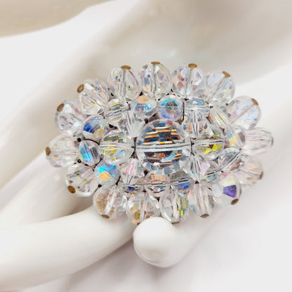 Vintage 1960s Crystal Aurora Borealis Faceted Bead Oval Brooch – 2 Inch Pin