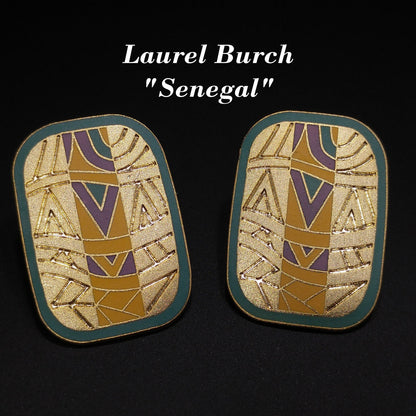 Laurel Burch "Senegal" Large Post Earrings, Cloisonné Gold Plated Enamel, 1980s Vintage Jewelry