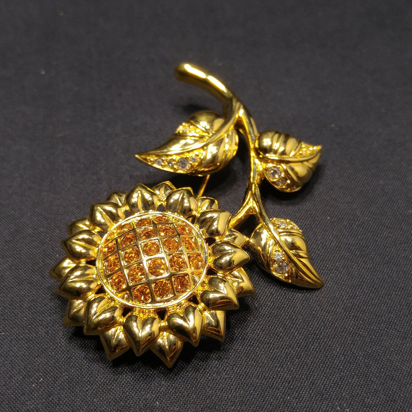 Savvy by Swarovski Sunflower Brooch, Gold Plated Crystal Flower Pin, 1990s Vintage Jewelry