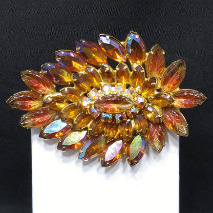 Topaz Rhinestone Lava Glass Brooch, Gold Plated, 1960s Vintage Jewelry