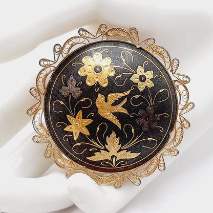 Vintage Spanish Damascene Filigree Bird Flower Gold Inlay Brooch – 2 1/4”