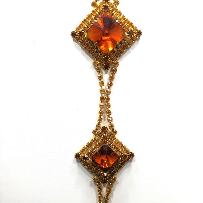 Topaz Glass Rhinestones Long Necklace Earrings, Rivoli Rhinestones, Gold Plated, 1960s Vintage Jewelry
