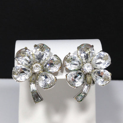 Bogoff Clear Rhinestone Floral Earrings, Rhodium Plated, Wedding Earrings, 1950s Vintage Jewelry