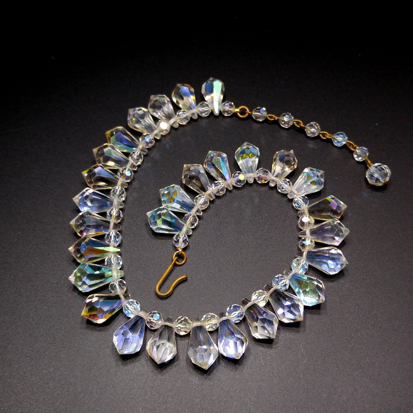 Mid-Century Crystal Teardrop Dangling Necklace, 18mm AB Crystals, 1950s Vintage Jewelry