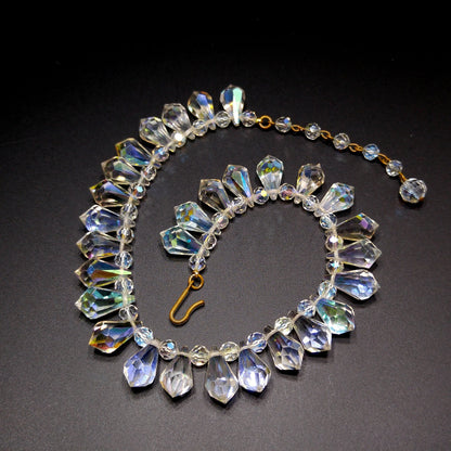 Mid-Century Crystal Teardrop Dangling Necklace, 18mm AB Crystals, 1950s Vintage Jewelry