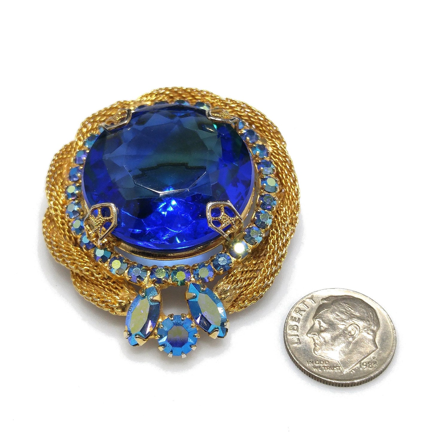 Large Blue Glass & AB Rhinestones Brooch, Gold Plated Mesh Frame, 1960s Vintage Jewelry