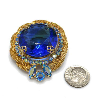 Large Blue Glass & AB Rhinestones Brooch, Gold Plated Mesh Frame, 1960s Vintage Jewelry