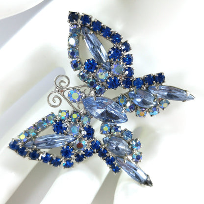 Blue Butterfly Brooch, Aurora Borealis, Rhodium Plated, 1960s Vintage Jewelry