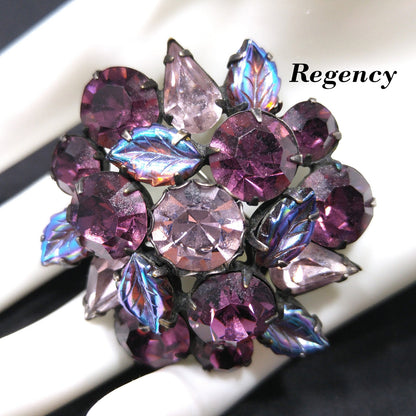 Regency Purple Lavender Floral Brooch, Art Glass Iridescent Leaves, 1950s Vintage Jewelry