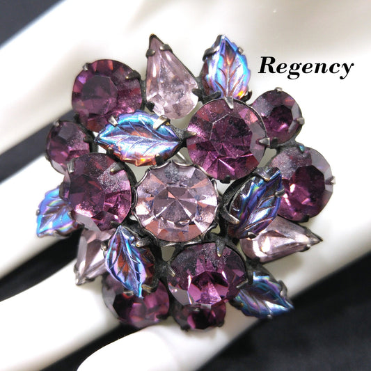 Regency Purple Lavender Floral Brooch, Art Glass Iridescent Leaves, 1950s Vintage Jewelry