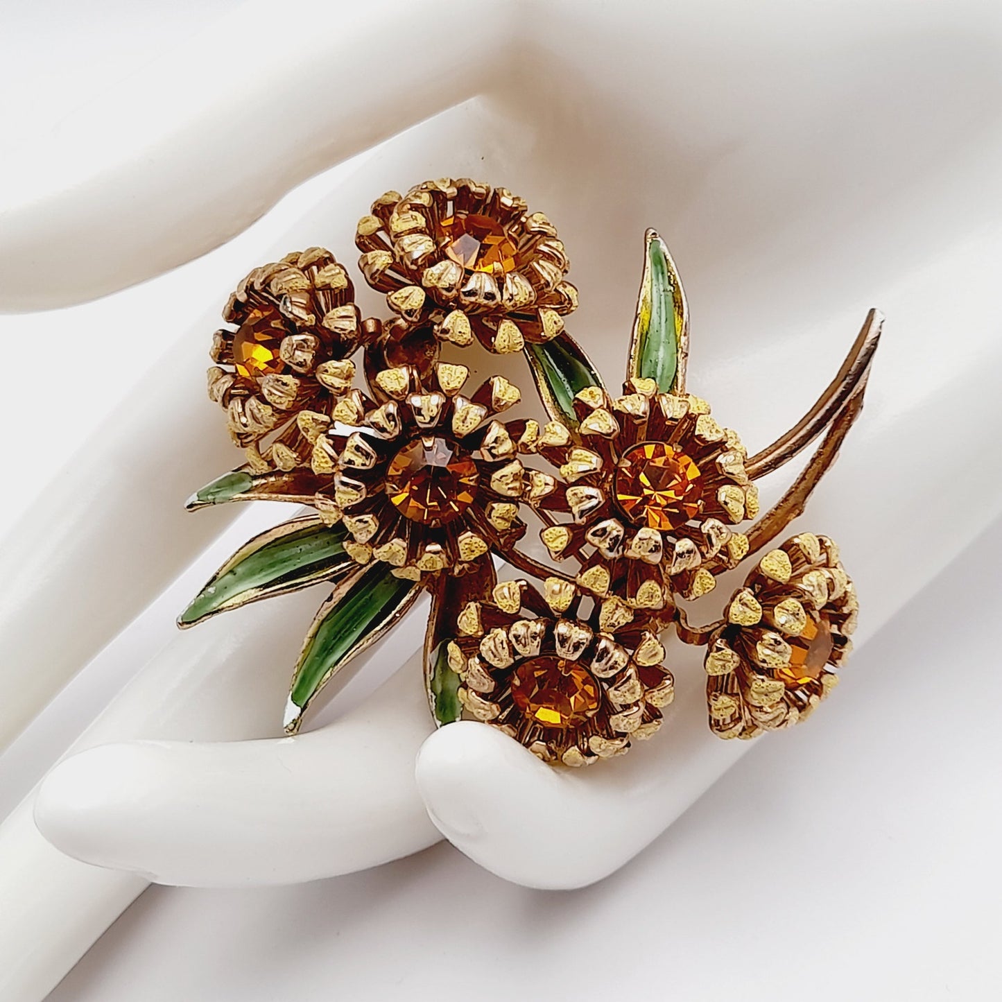 Vintage Weiss Sunflower Brooch Gold Tone Topaz Rhinestones Enamel 1950s