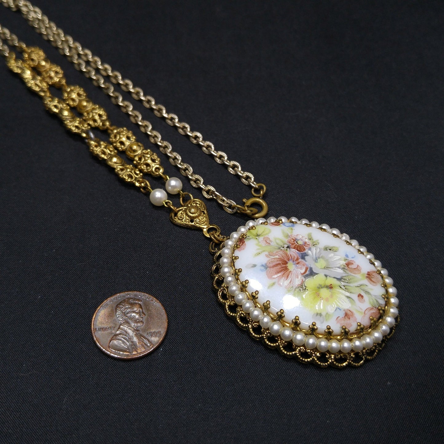 West Germany Floral Ceramic Pendant Necklace, Faux Pearls, 1960s Vintage Jewelry