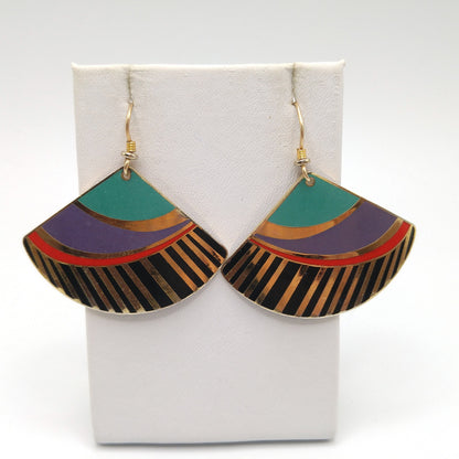 Vintage Laurel Burch Madrid Fan Earrings, Gold Plated, Teal Purple Black Enamel