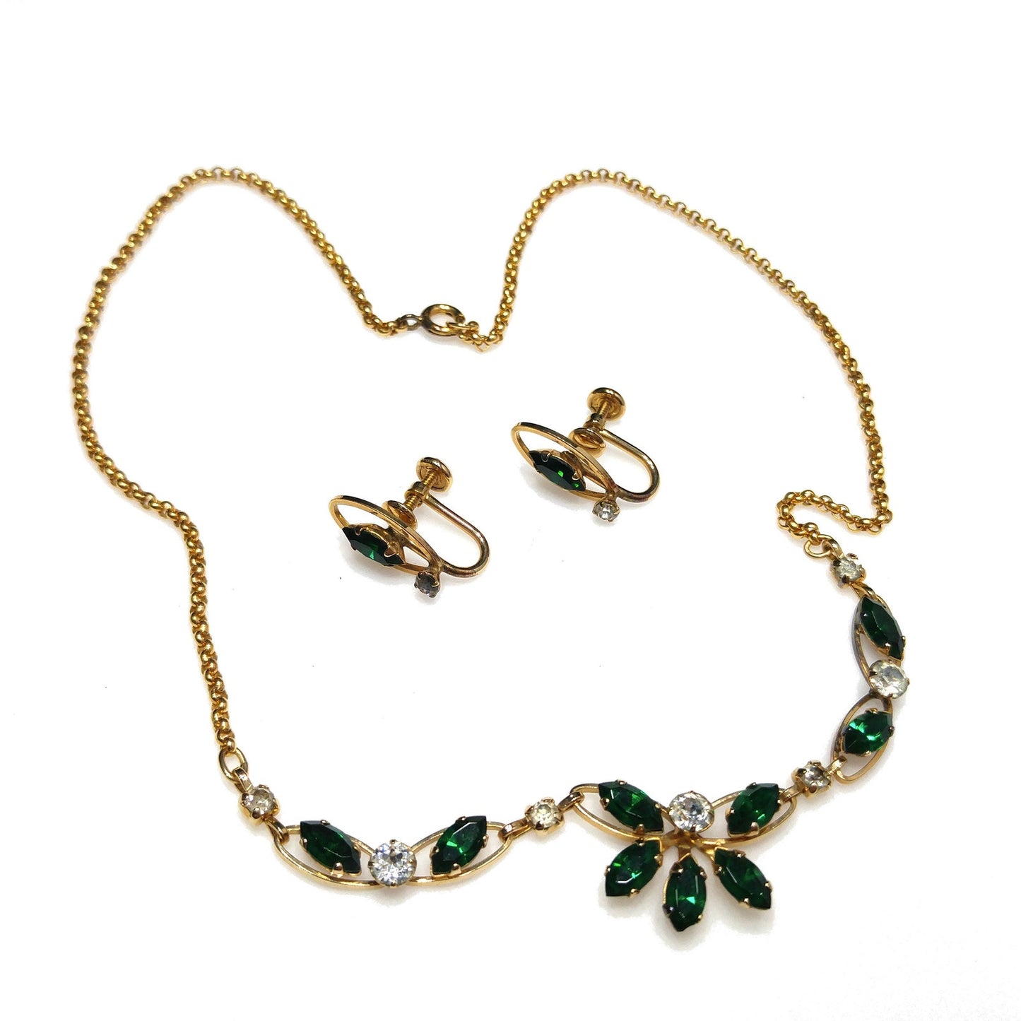 Van Dell Green Clear Rhinestone Necklace Earrings Set, 12K Gold Filled, 1940s Vintage Jewelry