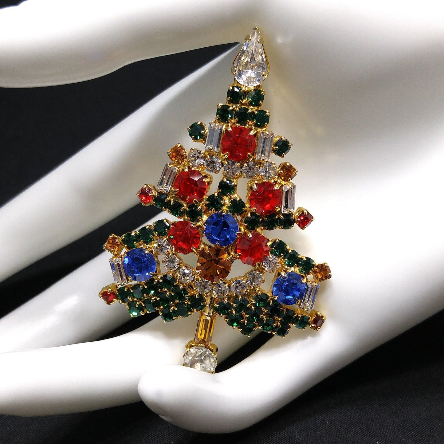 OTC Rhinestone Christmas Tree Brooch, Gold Plated, 1960s Vintage Holiday Jewelry
