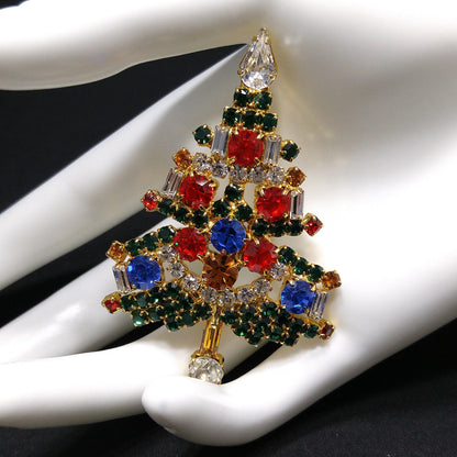 OTC Rhinestone Christmas Tree Brooch, Gold Plated, 1960s Vintage Holiday Jewelry