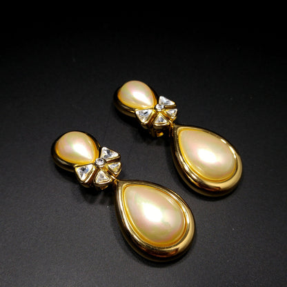 Vintage Christian Dior Large Faux Pearl Dangle Clip Earrings, Gold Plated, 1980s