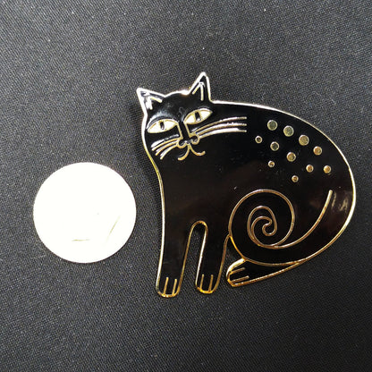 Vintage Laurel Burch Black "Keshire Cat" Brooch, Gold Plate, Black Enamel, 1980s