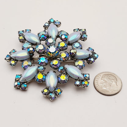 Vintage Blue Aurora Borealis Snowflake Brooch Pin