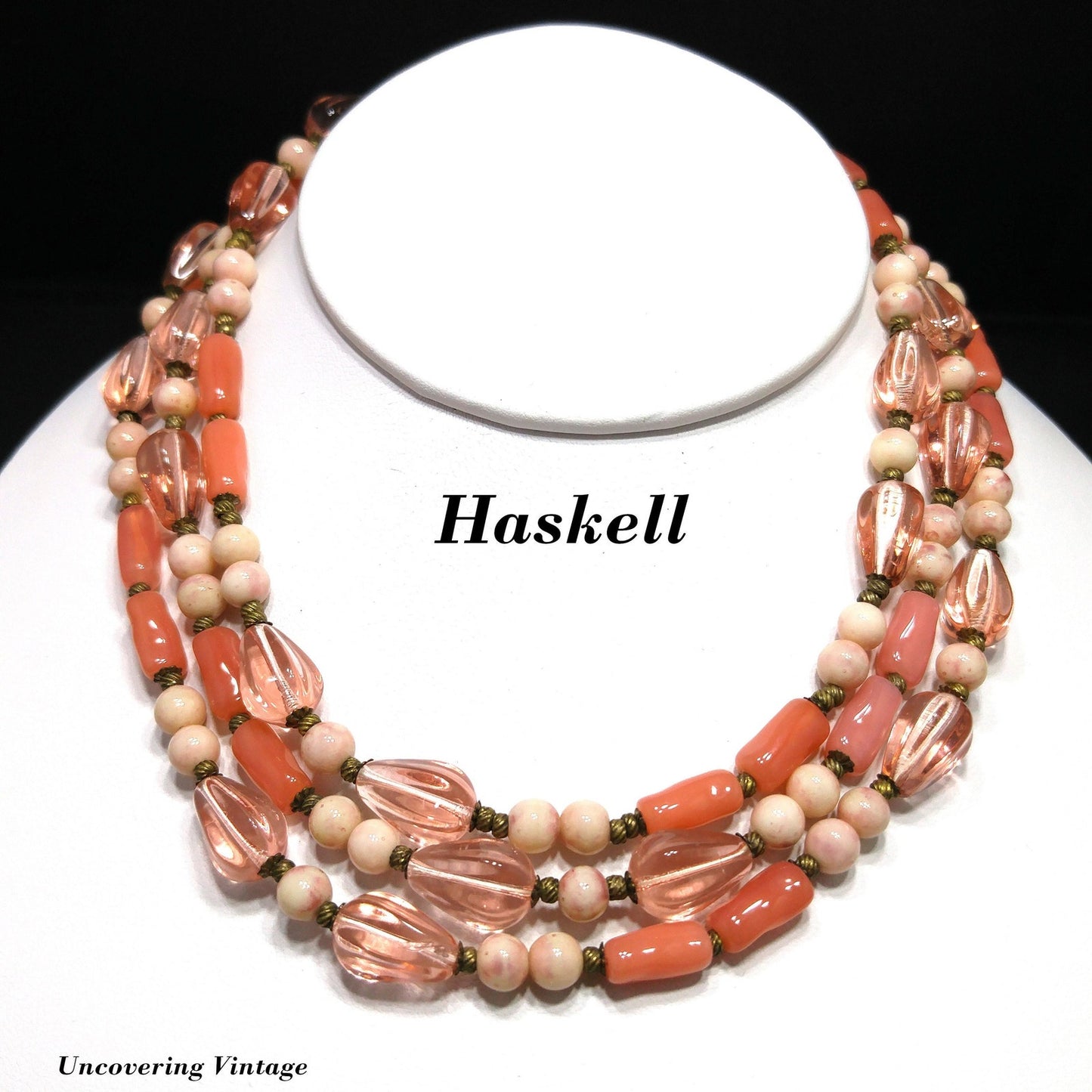 Miriam Haskell Pink Art Glass Bead Necklace 44” Long Vintage 1940s Signed