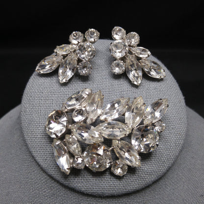 Regency Clear Rhinestone Brooch & Earrings, Rhodium Plated, 1950s Vintage Jewelry