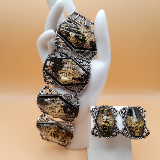 Vintage Unsigned Selro Selini Jewelry: Bracelet Earrings Set, Chunky Confetti Lucite, Clip Earrings, 1950s Vintage Jewelry