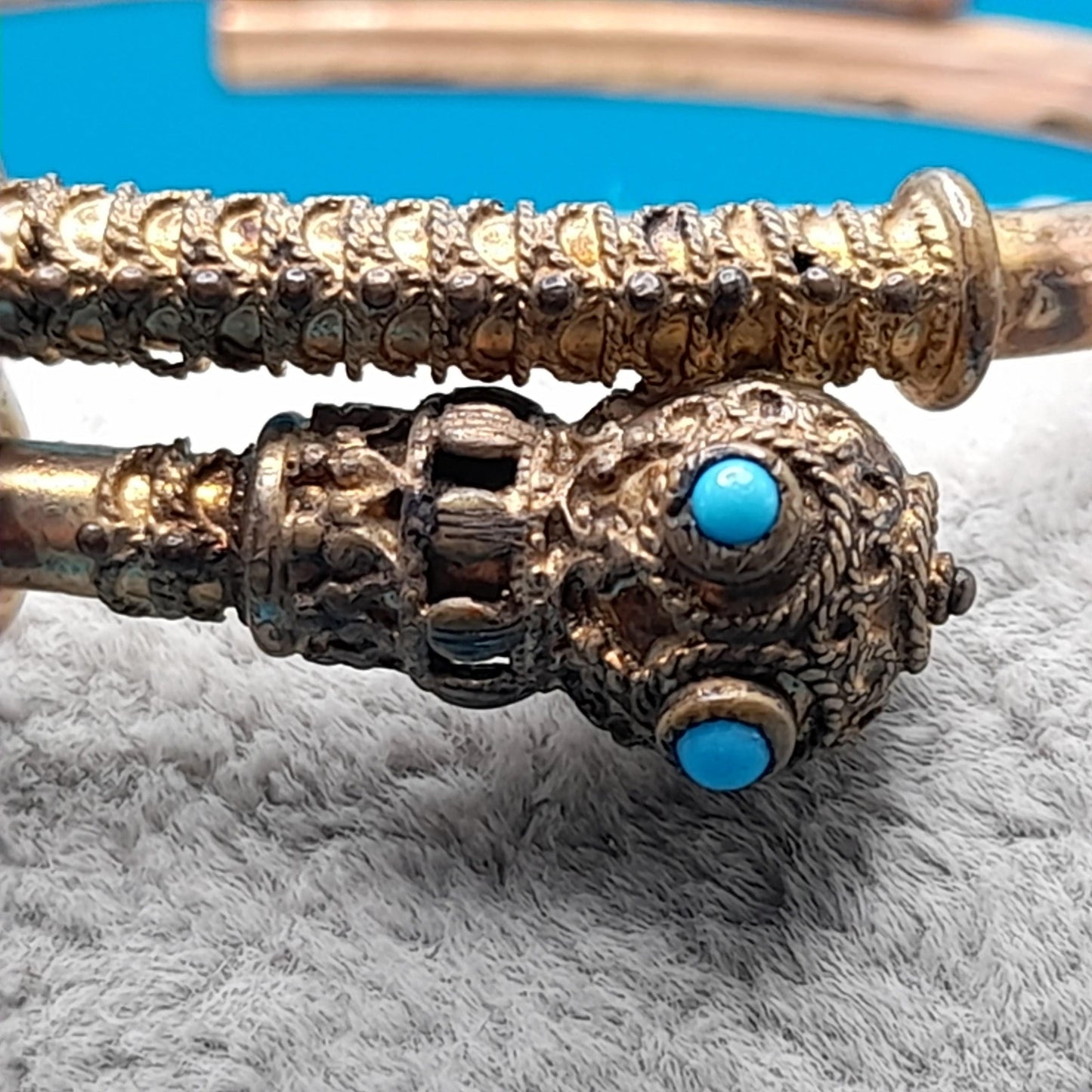 Antique Snake Cuff Bracelet, Gold Filled, Filigree Balls, Turquoise Bead Eyes, Victorian 1800s Jewelry